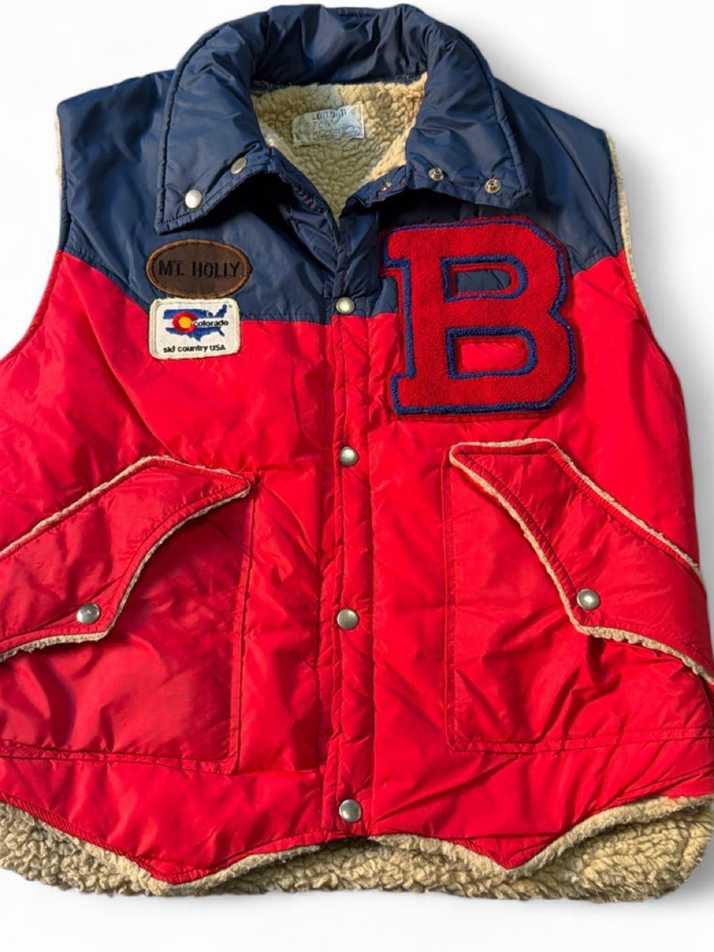 Vintage 1970’s London Fog Red and Navy Puffer Vest with Sherpa Lining